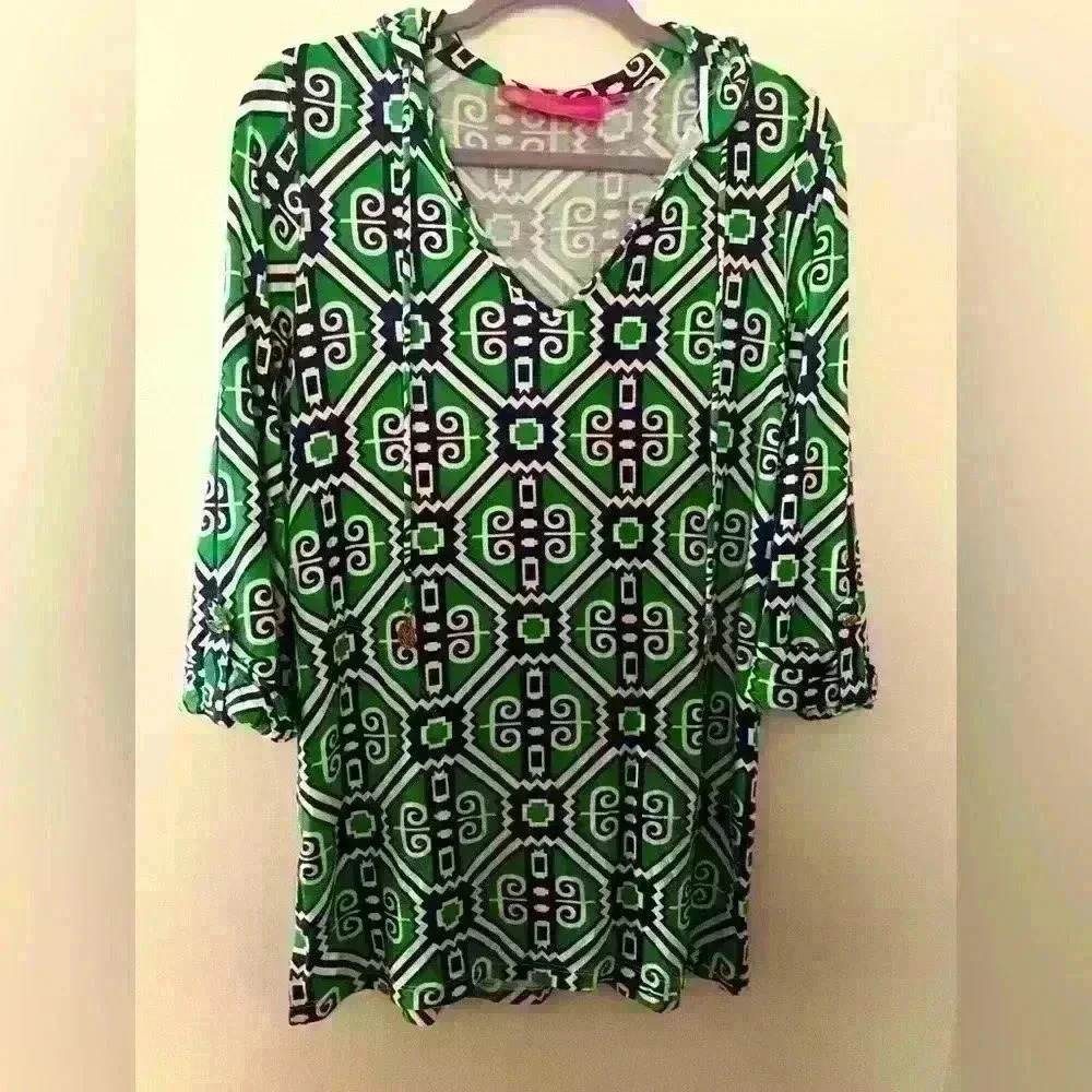 Macbeth Collection Margaret Joseph Hooded Tunic Shirt size small green, blue